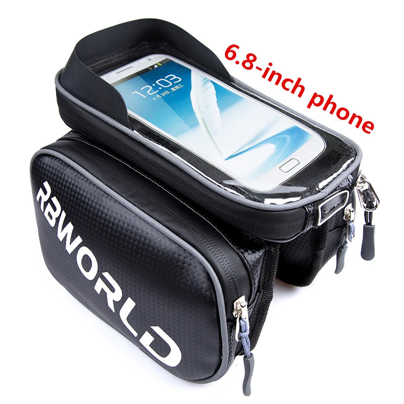 Waterproof Bicycle Top Tube Frame Bag & Dual Pouch for 6.8-inch Cell Phones, Touch Screen Bike Accessories