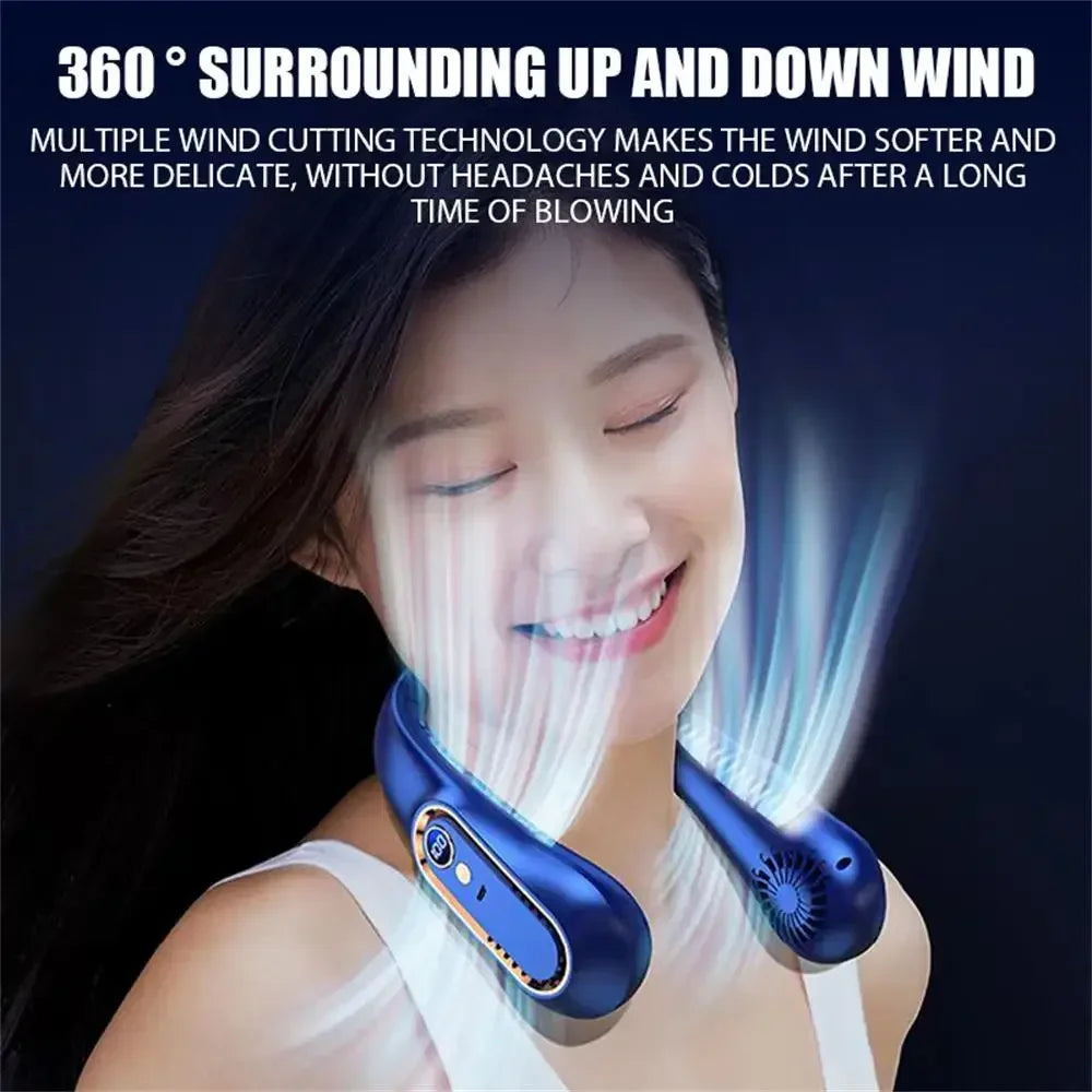 Digital Display Neck Fan - Bladeless Hanging Neckband, Portable Mini Air Cooler, USB Rechargeable Electric Fan