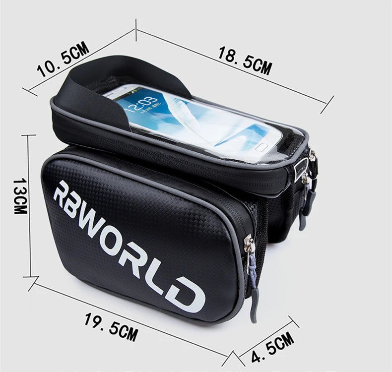 Waterproof Bicycle Top Tube Frame Bag & Dual Pouch for 6.8-inch Cell Phones, Touch Screen Bike Accessories