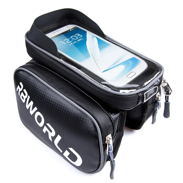 Waterproof Bicycle Top Tube Frame Bag & Dual Pouch for 6.8-inch Cell Phones, Touch Screen Bike Accessories