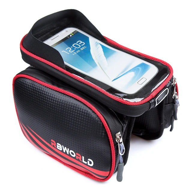 Waterproof Bicycle Top Tube Frame Bag & Dual Pouch for 6.8-inch Cell Phones, Touch Screen Bike Accessories