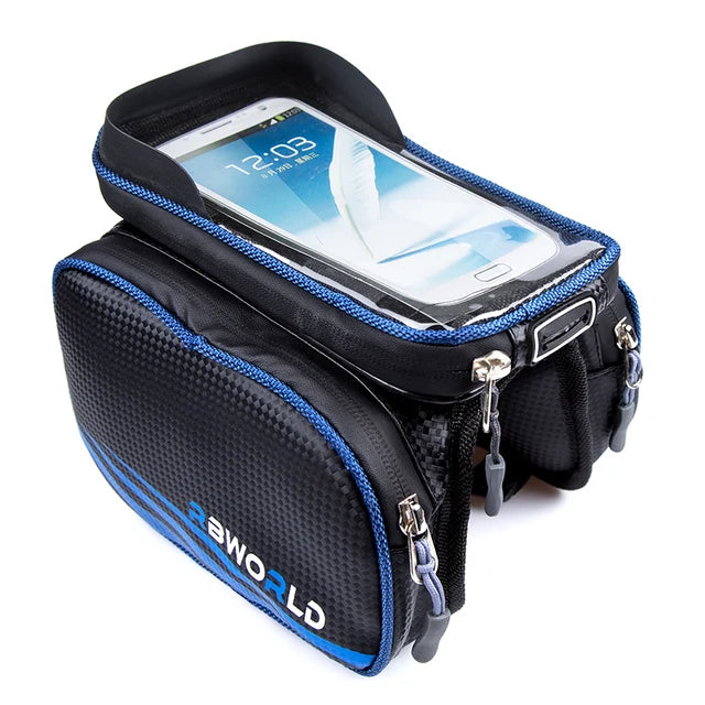 Waterproof Bicycle Top Tube Frame Bag & Dual Pouch for 6.8-inch Cell Phones, Touch Screen Bike Accessories